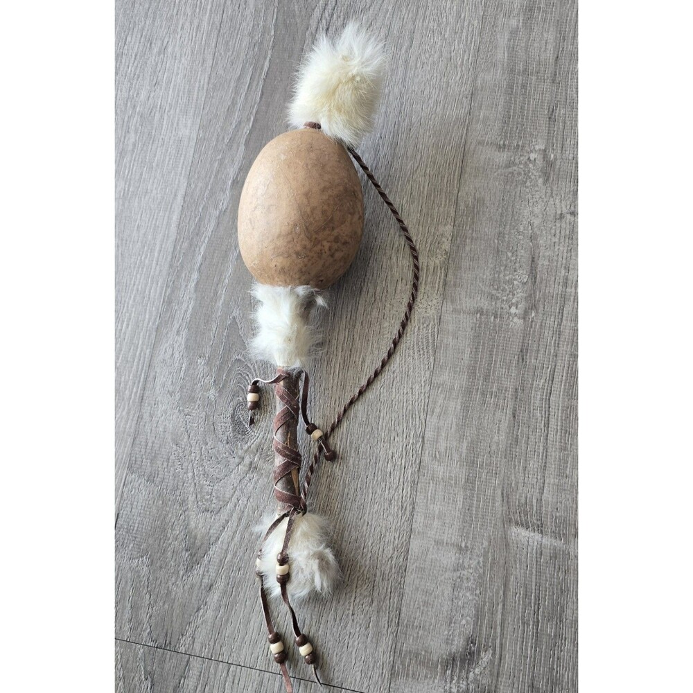 Native American Ceremonial Gourd Rattle w/ Fur / Beads Handmade